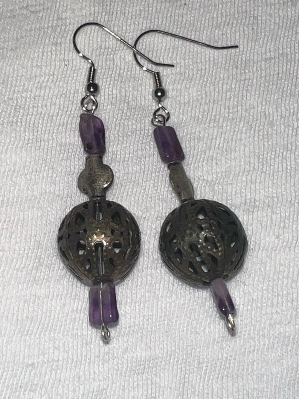 Amythest Purple Stone and Filigree Drop Earrings - Sterling-Tone